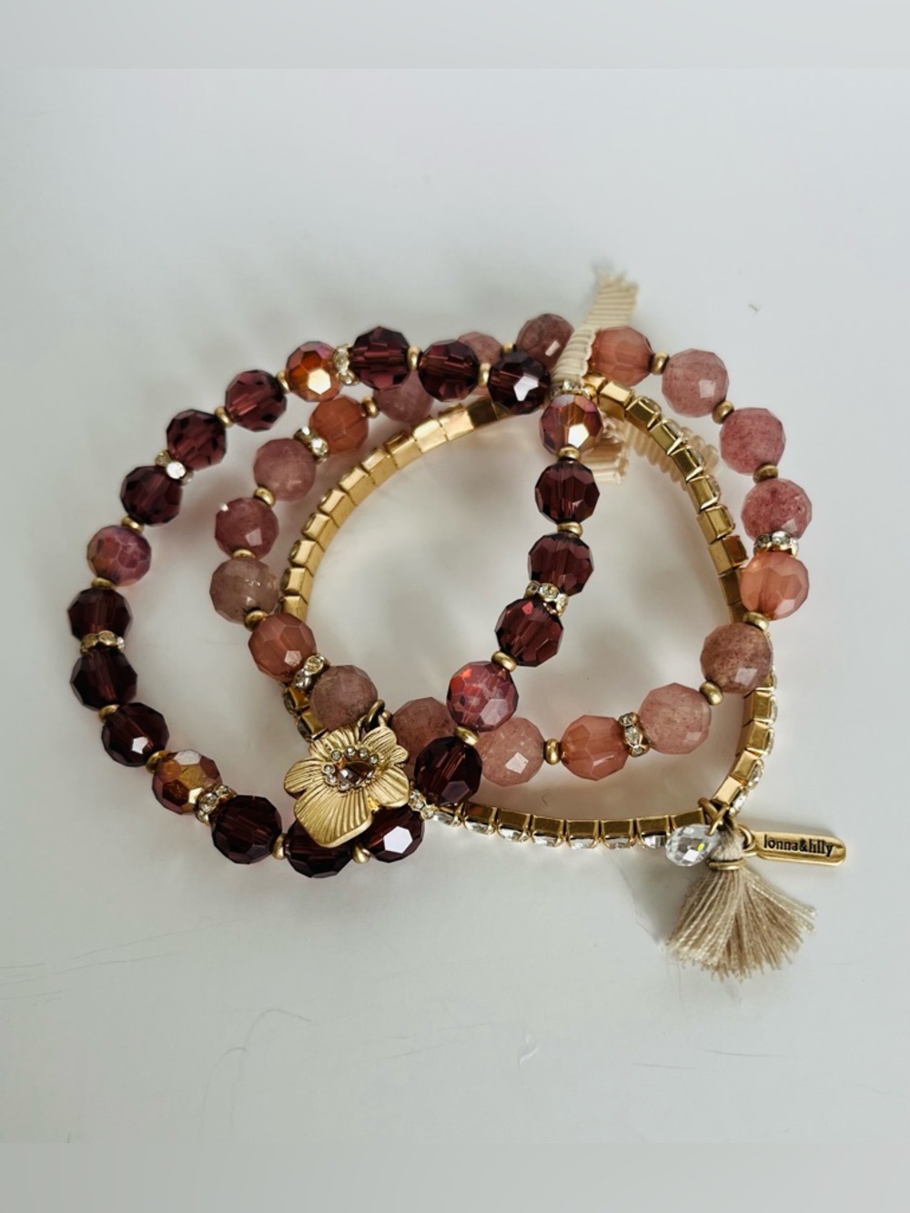 lonna & lilly Burgundy and Blush Beaded Bracelet Trio with Gold Accents